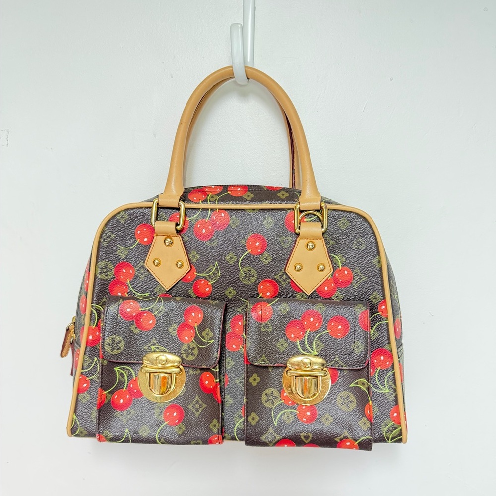 Cherry Print Satchel Handbag - Brown & Red - Picture 3 of 9